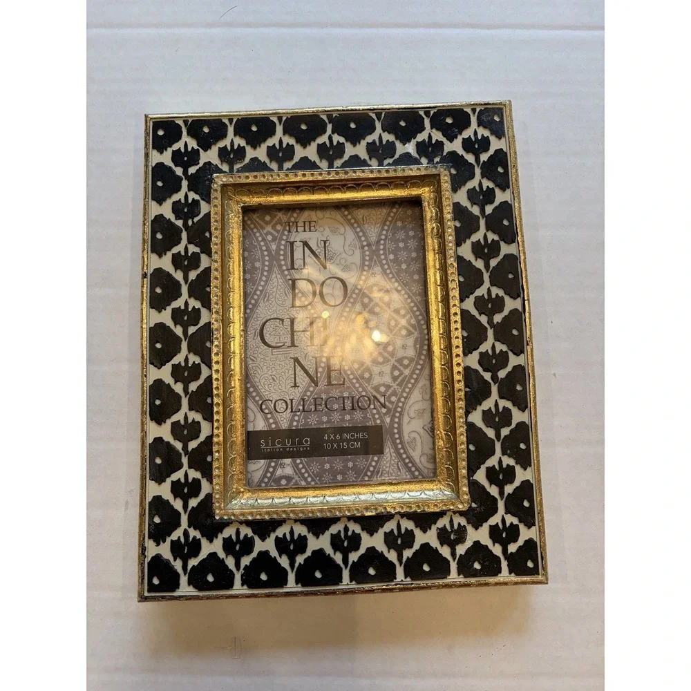 SICURA Picture Frame 4 X 6 Photo Black Cream Gold Trim Ornate Frame